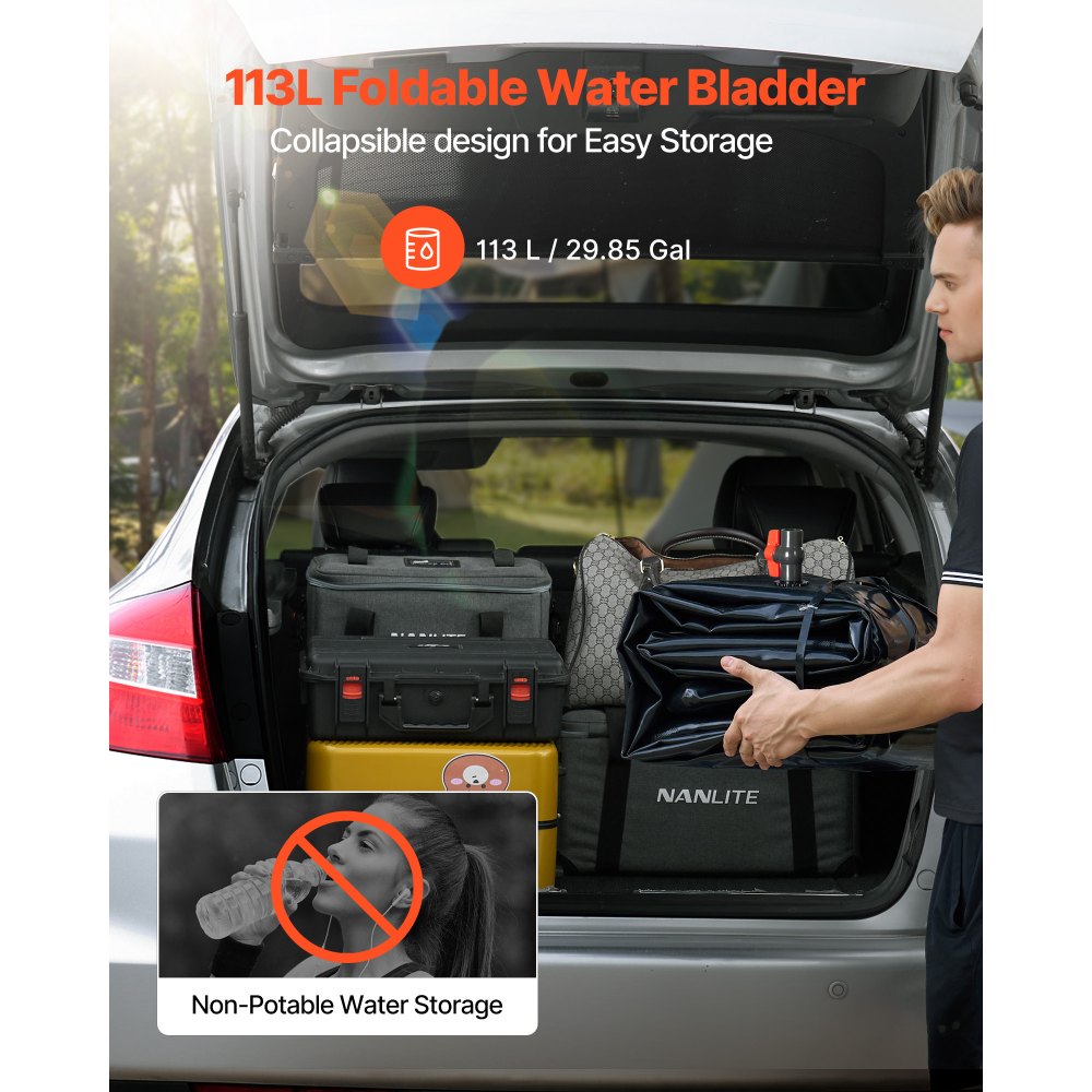 VEVOR Water Storage Bladder, 29.85 Gallon (113L) Water Storage Container Tank, 1000D PVC Thickened Soft Bag Bladder, Collapsible Portable for Garden Irrigation, Camping, RVs, Emergency Use - Black