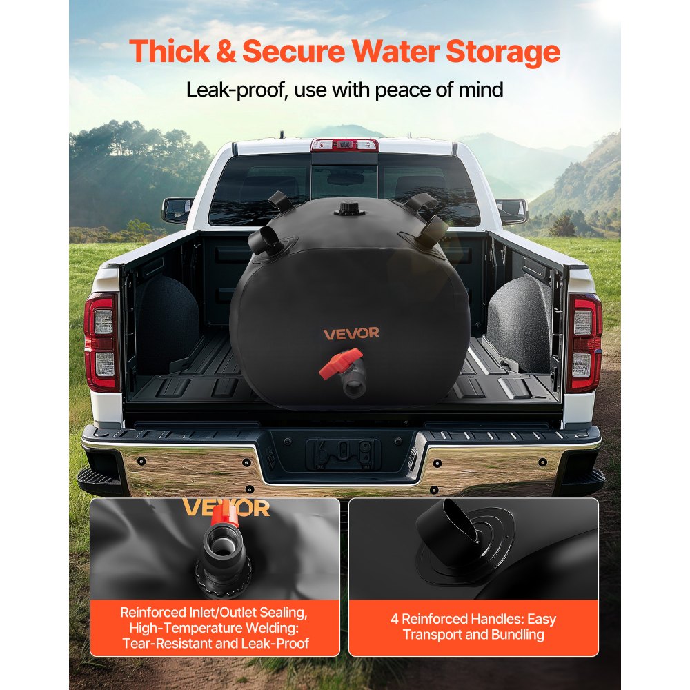 VEVOR Water Storage Bladder, 29.85 Gallon (113L) Water Storage Container Tank, 1000D PVC Thickened Soft Bag Bladder, Collapsible Portable for Garden Irrigation, Camping, RVs, Emergency Use - Black