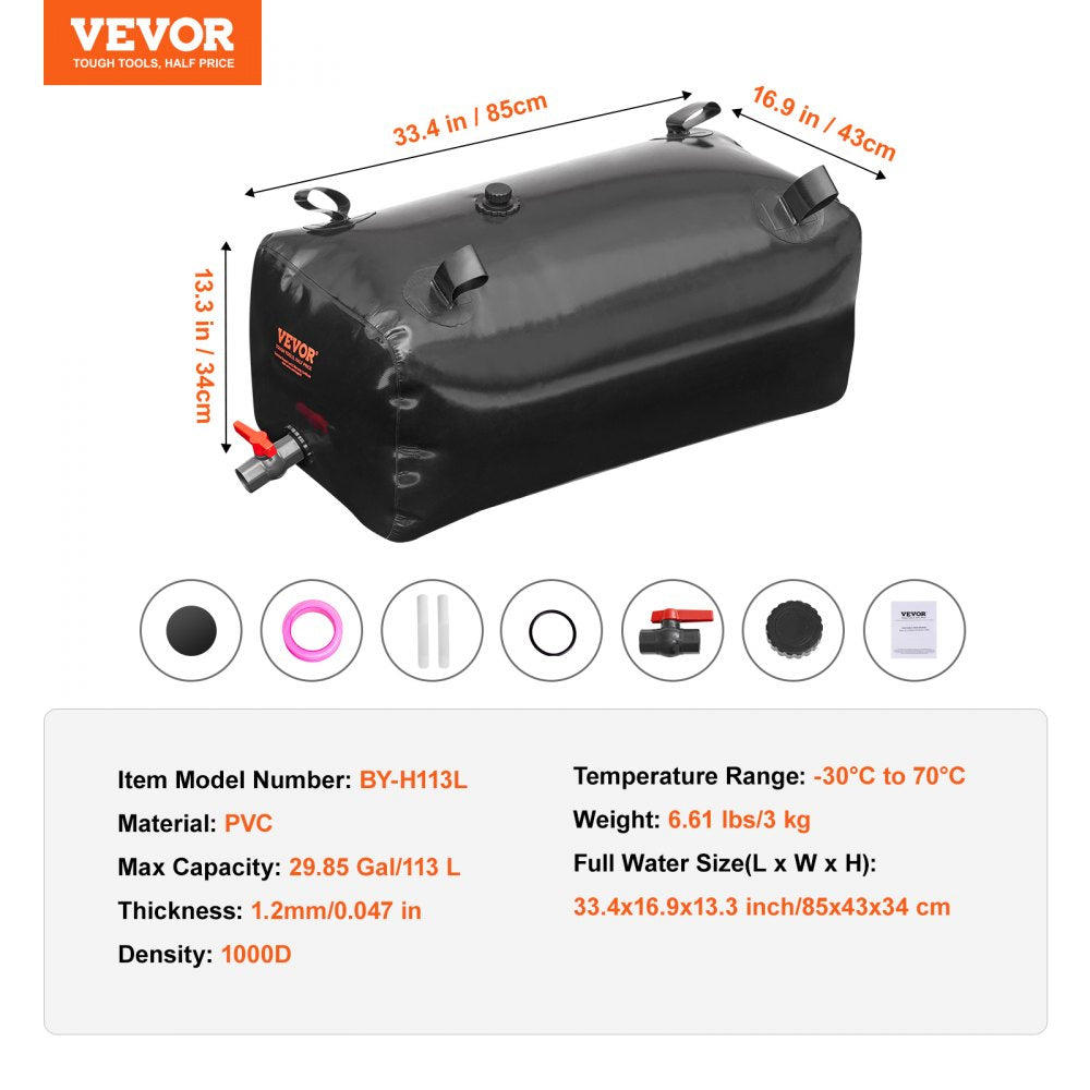 VEVOR 113 L/29.85 Gal Water Storage Bladder, Portable RV Water Tank, 1000D PVC Collapsible Water Storage Containers, Soft Water Bag, Water Bladder, Fire Prevention, Camping, Emergency Water Use, Black