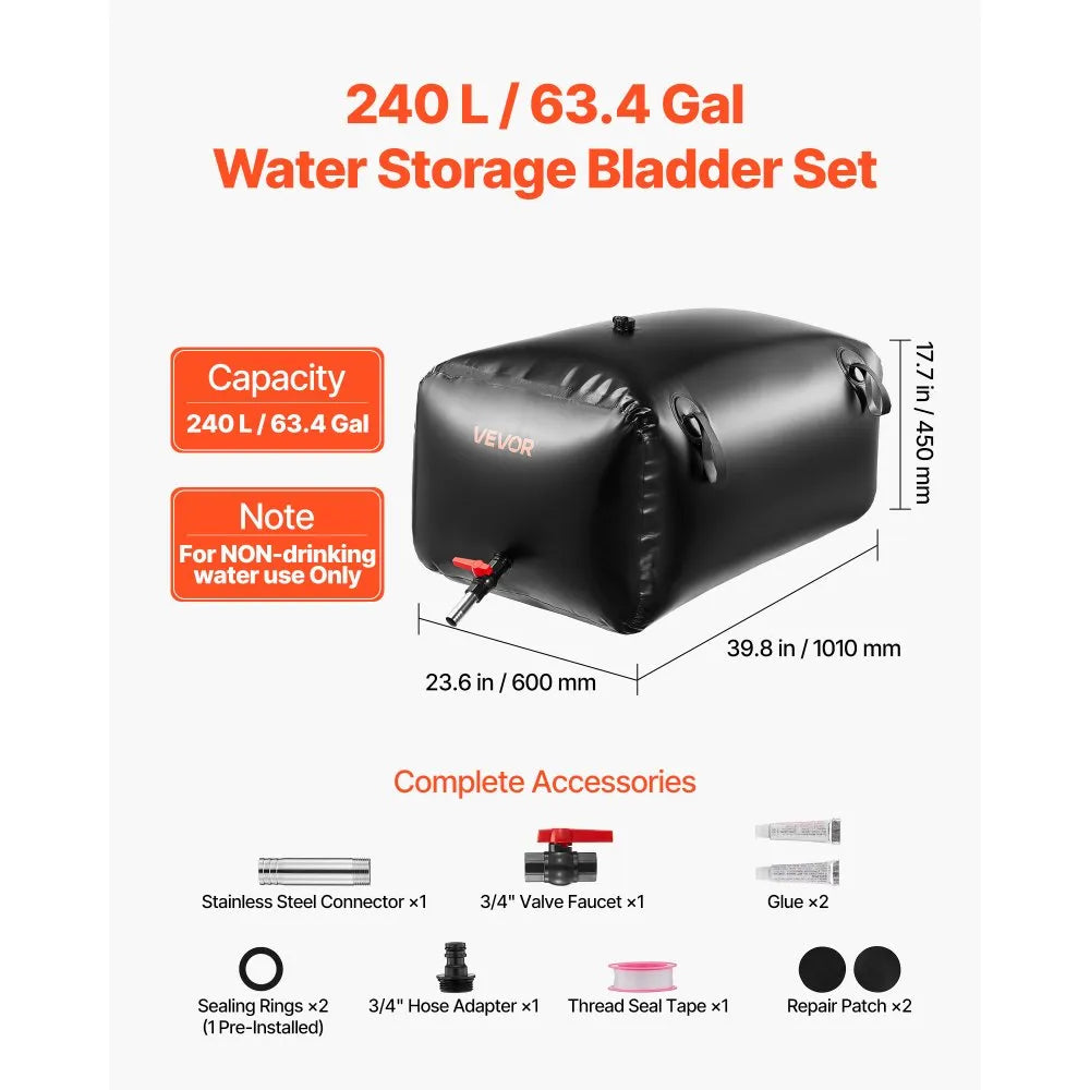 VEVOR Water Storage Bladder, 63.4 Gal Collapsible Water Storage Bag, Wear-Resistant 1000D PVC Soft Waters Bag, Leakproof Camping Tank Containers for Garden Irrigation RV Emergency Use, Black