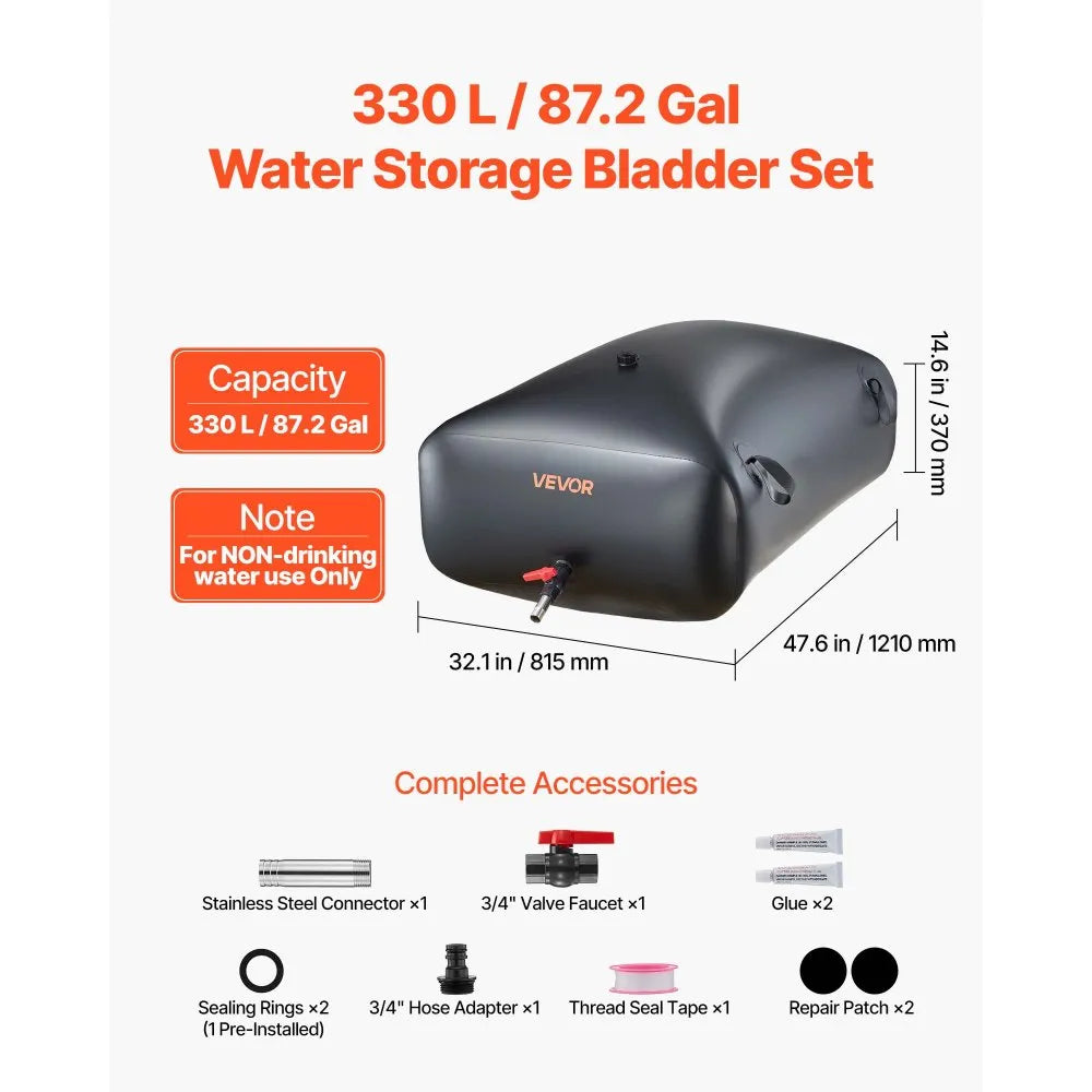 VEVOR Water Storage Bladder, 87.2 Gal Collapsible Water Storage Bag, Wear-Resistant 1000D PVC Soft Waters Bag, Leakproof Camping Tank Containers for Garden Irrigation RV Emergency Use, Black