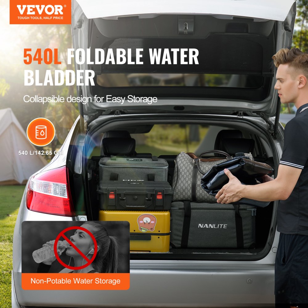 VEVOR 540L/142.7 Gallon Water Storage Bladder, RV Water Tank, 1000D PVC Collapsible Water Storage Containers, Large Capacity Soft Water Bag, Portable Water Bladder, Fire Prevention, Camping, Emergency