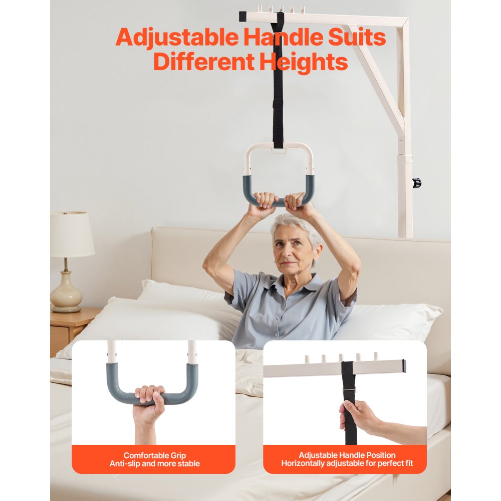 VEVOR Trapeze Bar for Bed Mobility, Height-Adjustable Bed Trapeze with 2 Casters, 350LBS Weight Capacity Heavy Duty Pull Up Trapeze Bar with Floor Stand for Elderly, Disabled, Bedridden Patients