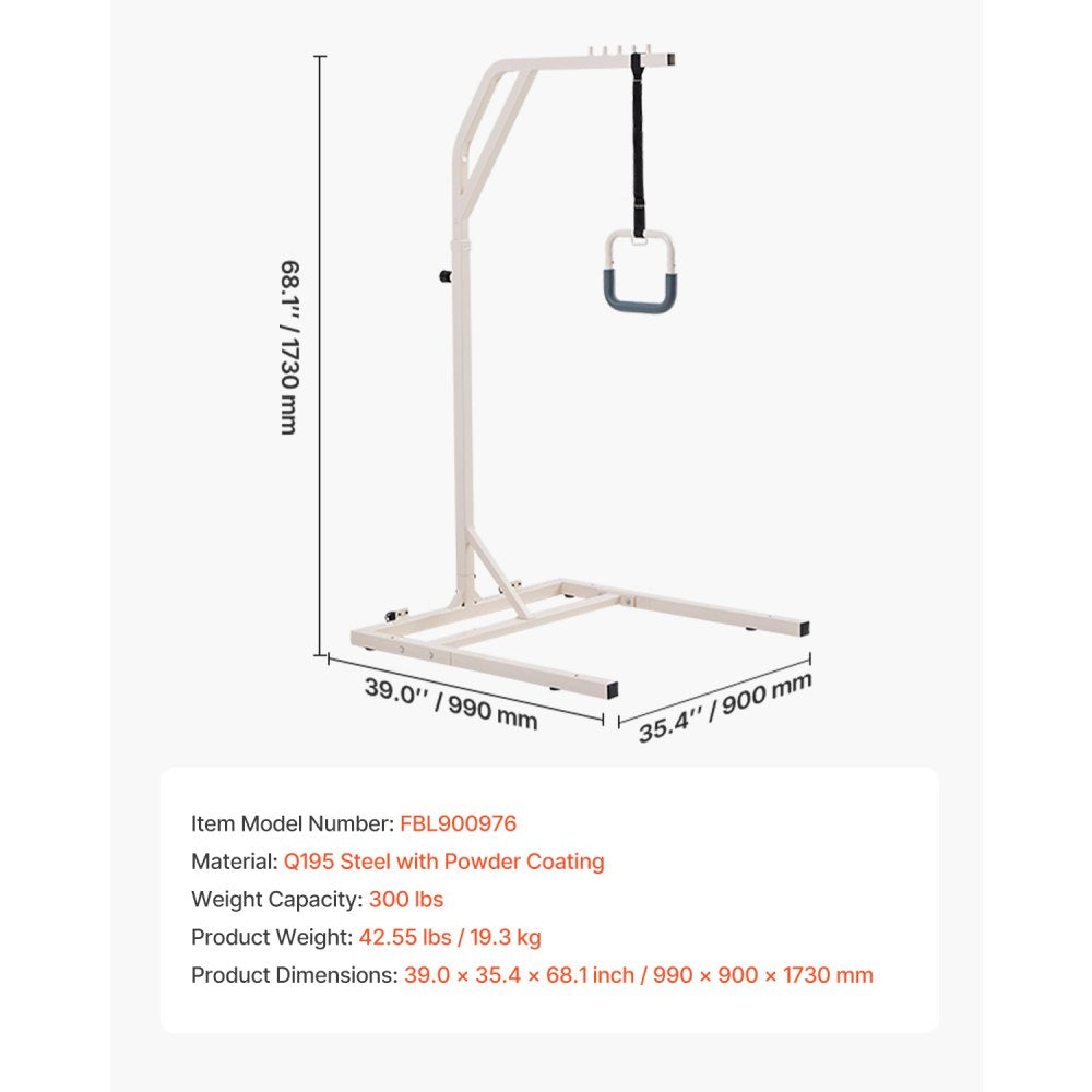 VEVOR Trapeze Bar for Bed Mobility, Height-Adjustable Free Standing Trapeze Bar with 2 Wheels, 300LBS Capacity Bed Pull Up Assist for Elderly Disabled, Ideal for Hospital, Nursing Home & Home Care