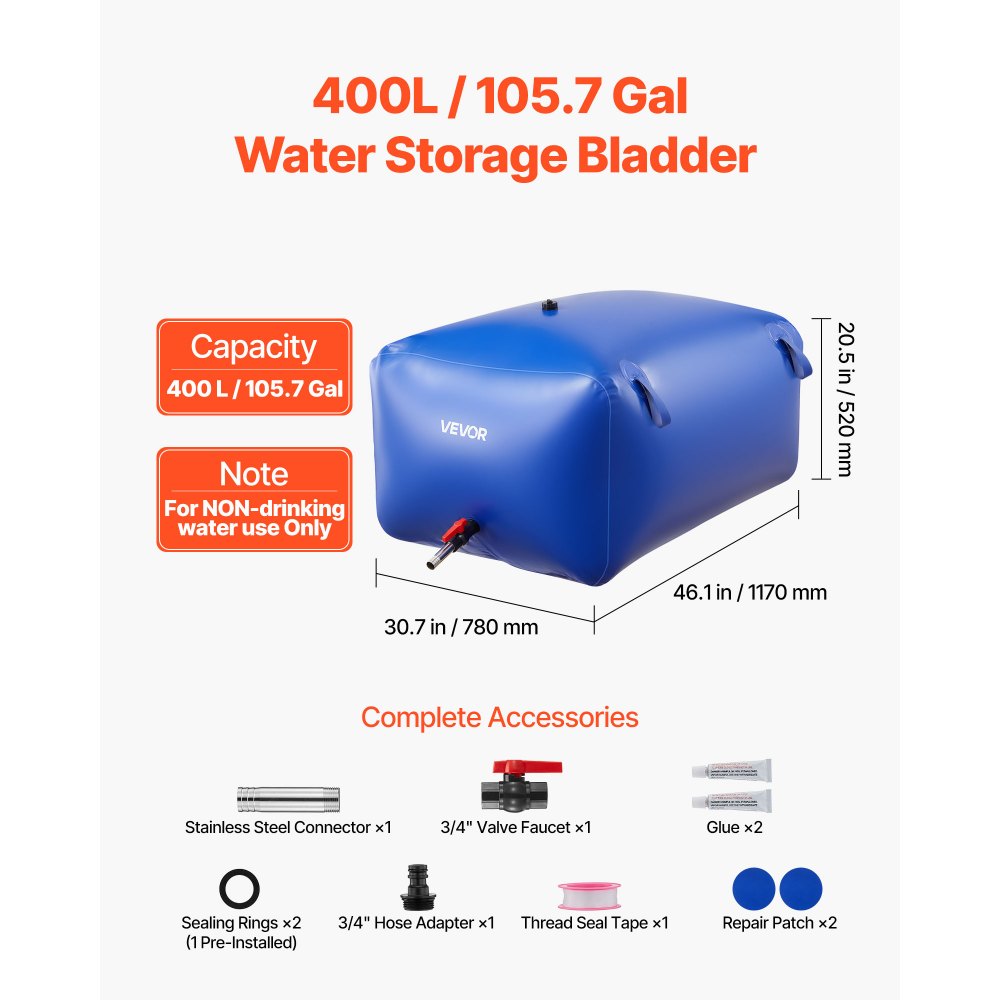 VEVOR Water Storage Bladder 105.7 Gallon Large Capacity Water Bag, Portable & Collapsible Soft Waters Container, Leakproof & Tear-Resistant PVC Emergency Waters Storage Tank for RV Truck & Outdoor Use