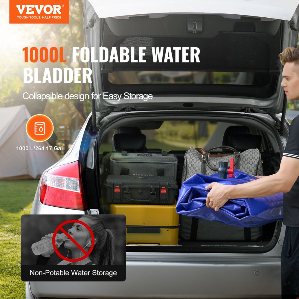 VEVOR 1000L/264 Gallon Water Storage Bladder, RV Water Tank, 1000D Blue PVC Collapsible Water Storage Containers, Large Capacity Soft Water Bag, Portable Water Bladder, Fire Prevention, Camping