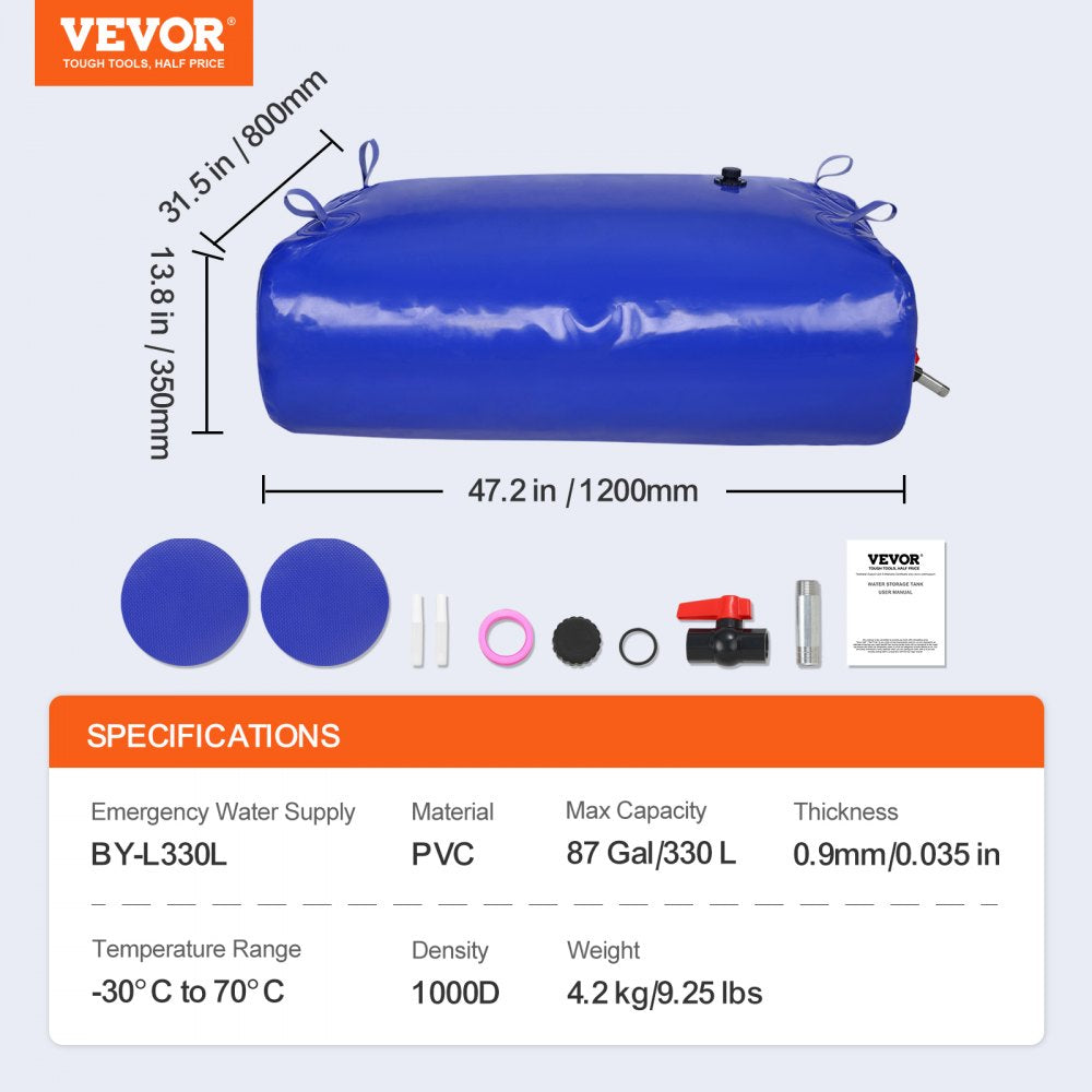 VEVOR 330L/87 Gallon Water Storage Bladder, RV Water Tank, 1000D Blue PVC Collapsible Water Storage Containers, Large Capacity Soft Water Bag, Portable Water Bladder, Fire Prevention, Camping