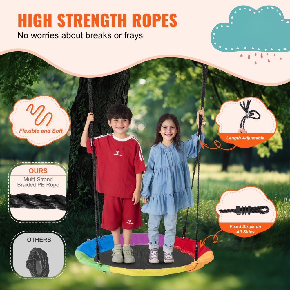 VEVOR Tree Swing, 40 Inch Saucer Swing, 750lbs Weight Capacity, 900D Oxford Fabric Swing Seat with 2 Tree Hanging Straps and Adjustable Multi-Strand Ropes, Round Swing for Kids Outdoor, Multicolor