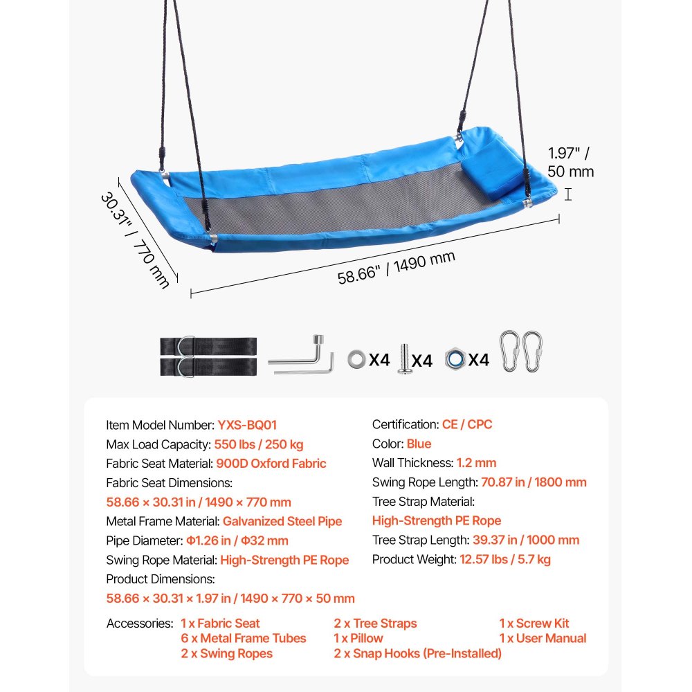 VEVOR Platform Tree Swing for Kids and Adults 700 lbs 60" Rectangle Blue, for Backyard Outdoor & Indoor, 900D Oxford Fabric Giant Seat with 2 Hanging Straps, Adjustable Ropes and Curved Edge Design
