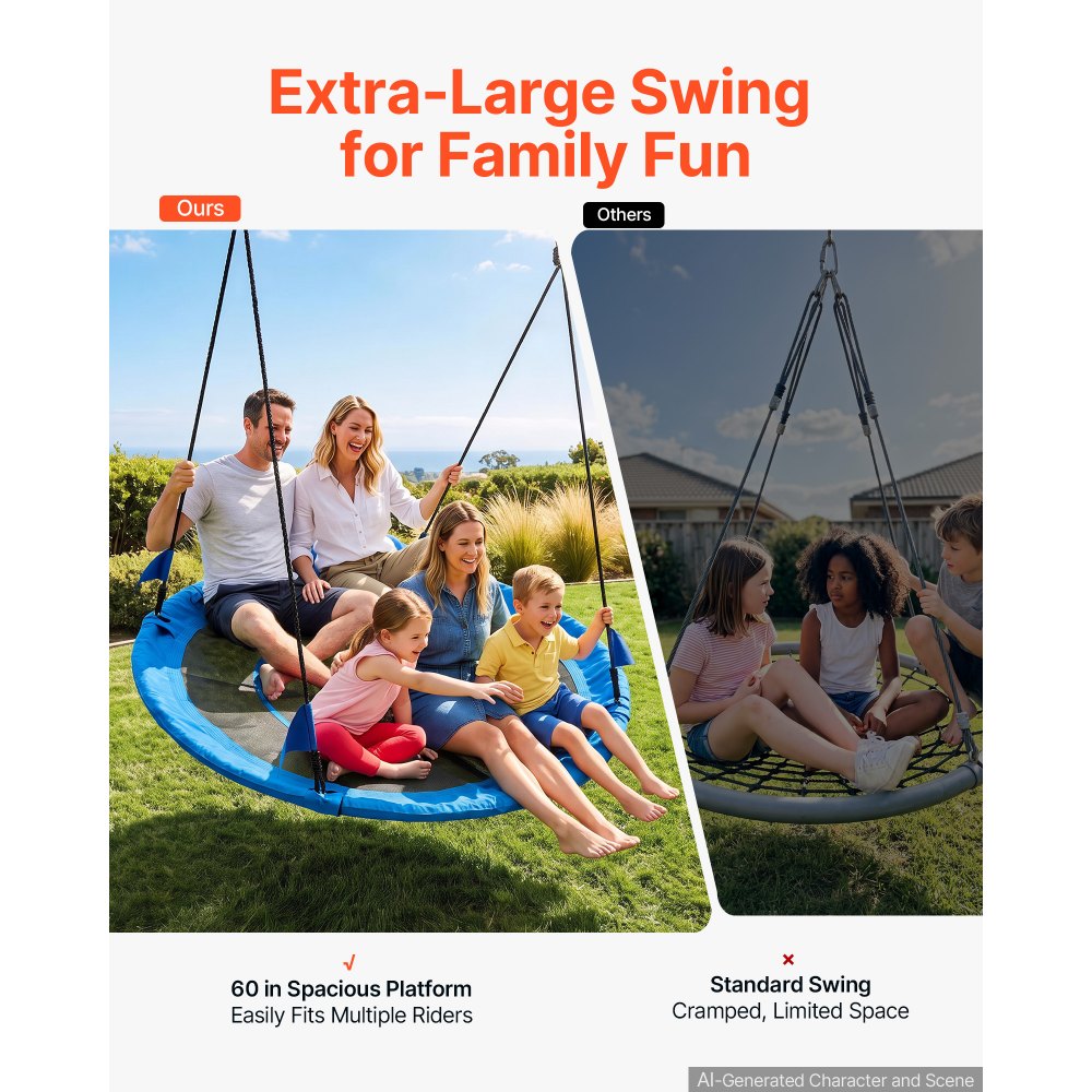 VEVOR Tree Swing 60" Saucer Swing for Kids & Adults 700 lbs Weight Capacity, for Backyard Outdoor & Indoor, 360° Rotation, 900D Oxford Fabric Round Seat with 2 Hanging Straps & Adjustable Ropes, Blue