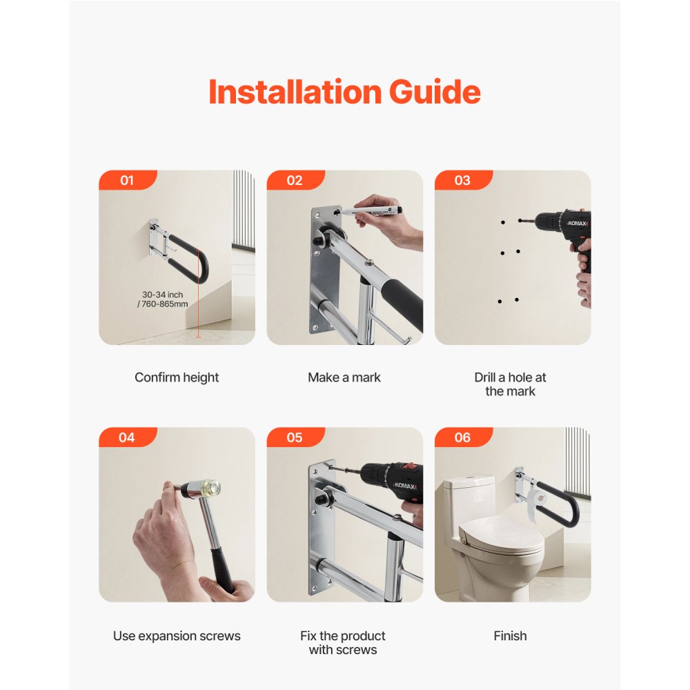 VEVOR Toilet Safety Rail, 30 Inch U-Shaped Handicap Grab Bar, Foldable Senior Safety Pole, Flip Up Toilet Grab Bars with Anti-Slip Handle, 300 Lbs Load Capacity Security Handrail with Paper Holder