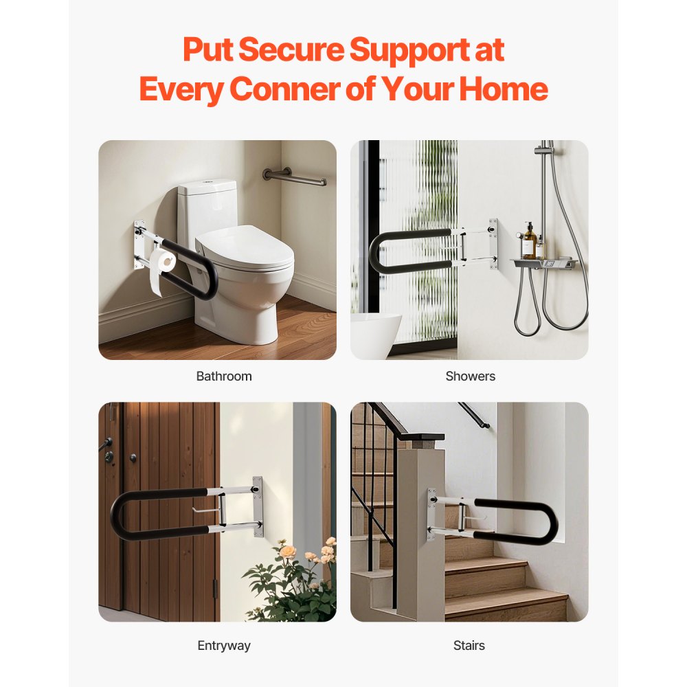 VEVOR Toilet Safety Rail, 30 Inch U-Shaped Handicap Grab Bar, Foldable Senior Safety Pole, Flip Up Toilet Grab Bars with Anti-Slip Handle, 300 Lbs Load Capacity Security Handrail with Paper Holder