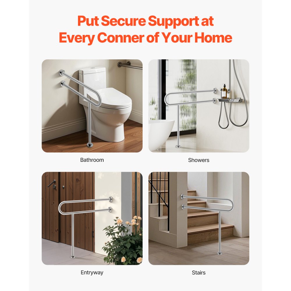 VEVOR Toilet Safety Rail, 31.5 Inch U-Shaped Handicap Grab Bar, 304 Stainless Steel Senior Safety Pole, Toilet Grab Bars with Anti-Slip Handle, 300 Lbs Load Capacity Security Handrail with Support Leg