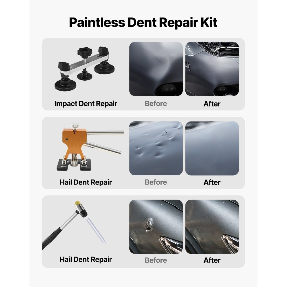 VEVOR Dent Puller Kit, 60 PCS Paintless Dent Removal Kit with Golden Lifter, Bridge Puller, Rubber Hammer, Glue Gun, Auto Body Hail Damage Repair Remover Tools for Car Refrigerator Door Ding Repair