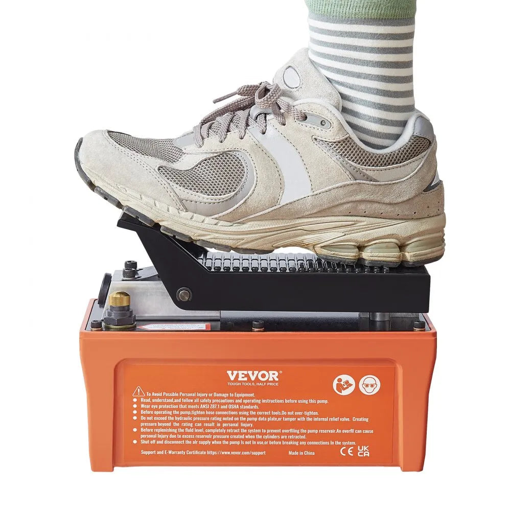 VEVOR Air Hydraulic Pump, 10,000 PSI 1/2 Gal Reservoir, NPT 3/8" Oil Outlet, NPT 1/4" Inlet, 6.6 ft Pipe, Foot Actuated Hydraulic Pump Air Treadle for Auto Body Frame Machines and Pulling Post, Orange