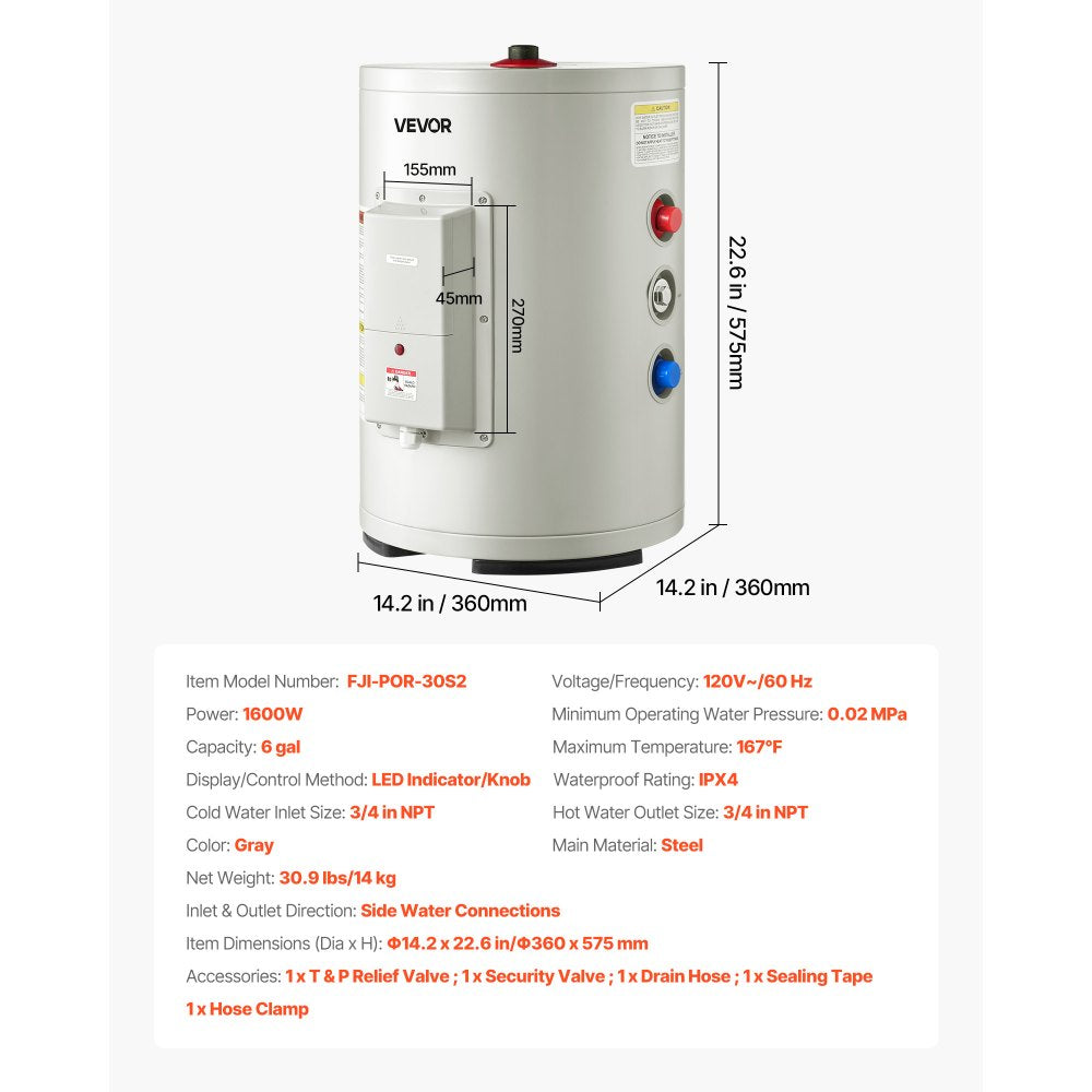 VEVOR 6 Gallon Electric Tank Water Heater, 1600W Point-of-Use Hot Water Heater with LED Display, Knob Control, Top Outlet, 120V Storage Design with T&P Valve for Studio Apartments, RVs, Gray