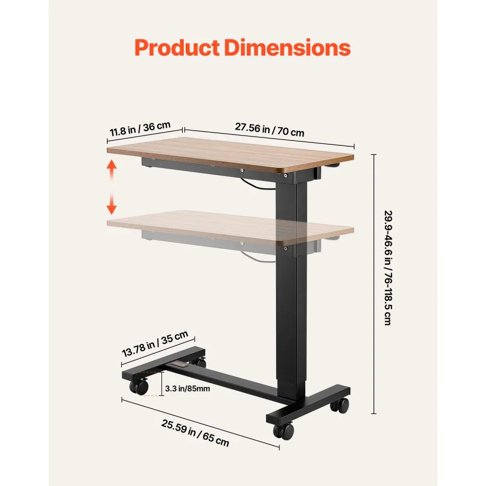 VEVOR Overbed Table, Mobile Bed Side Table with 4 Wheels, Electric Lifting with Upgrade Button, Rolling Laptop Desk with Cup Holder, Height Adjustable Overbed Desk for Home, Office, Study, Wood+Black