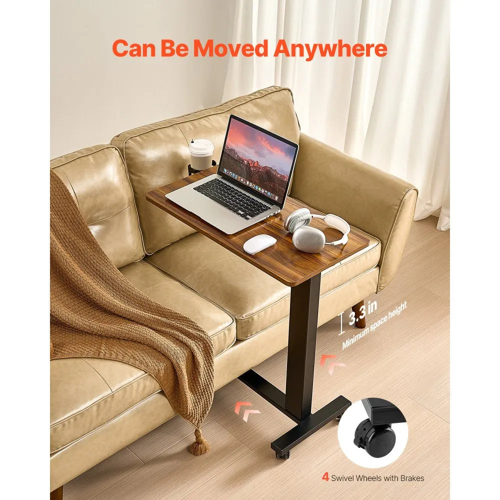 VEVOR Overbed Table, Mobile Bed Side Table with 4 Wheels, Electric Lifting with Upgrade Button, Rolling Laptop Desk with Cup Holder, Height Adjustable Overbed Desk for Home, Office, Study, Wood+Black