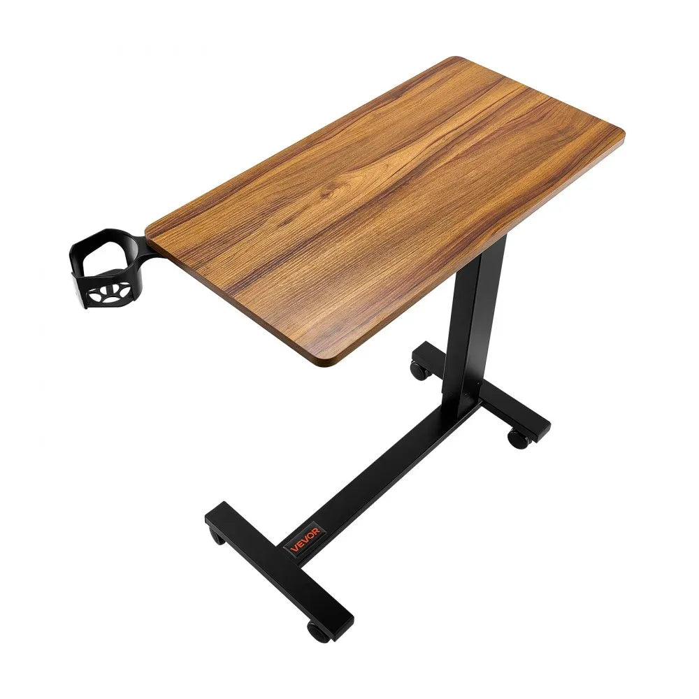VEVOR Overbed Table, Mobile Bed Side Table with 4 Wheels, Electric Lifting with Upgrade Button, Rolling Laptop Desk with Cup Holder, Height Adjustable Overbed Desk for Home, Office, Study, Wood+Black