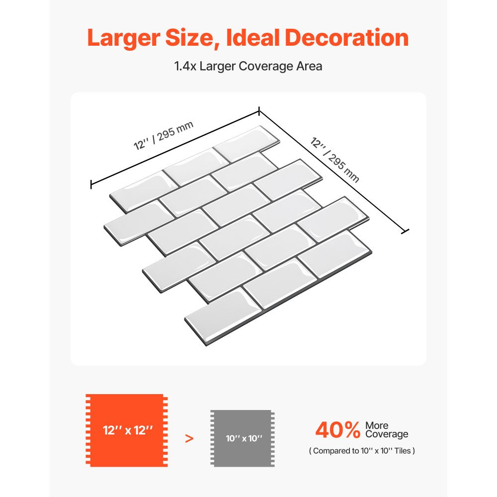 VEVOR Peel and Stick Backsplash 10-Sheet, 12 x 12 x 0.78 inch / 305 x 305 x 2.0 mm Self-Adhesive Wall Tiles, Stick on Subway Tile Backsplash for Kitchen, 3D Back Splashes for Bathroom, Tile-Look