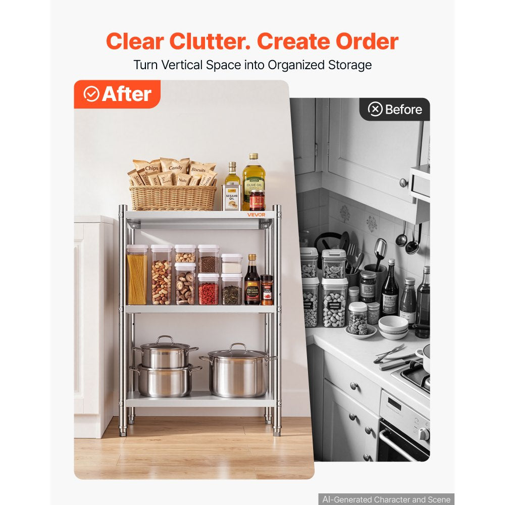 VEVOR Stainless Steel Shelving 3-Tier 23.6 x 13.8 x 35.5 in Storage Rack, for Kitchen Pantry Garage, 300 lb Per Shelf Heavy-Duty Freestanding Organizer with 3-Level Adjustable Shelves, Leveling Feet