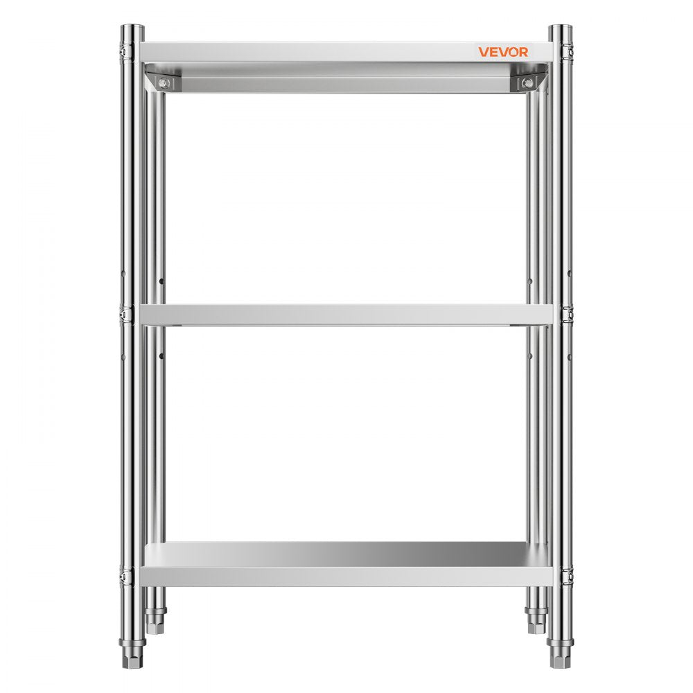 VEVOR Stainless Steel Shelving 3-Tier 23.6 x 13.8 x 35.5 in Storage Rack, for Kitchen Pantry Garage, 300 lb Per Shelf Heavy-Duty Freestanding Organizer with 3-Level Adjustable Shelves, Leveling Feet