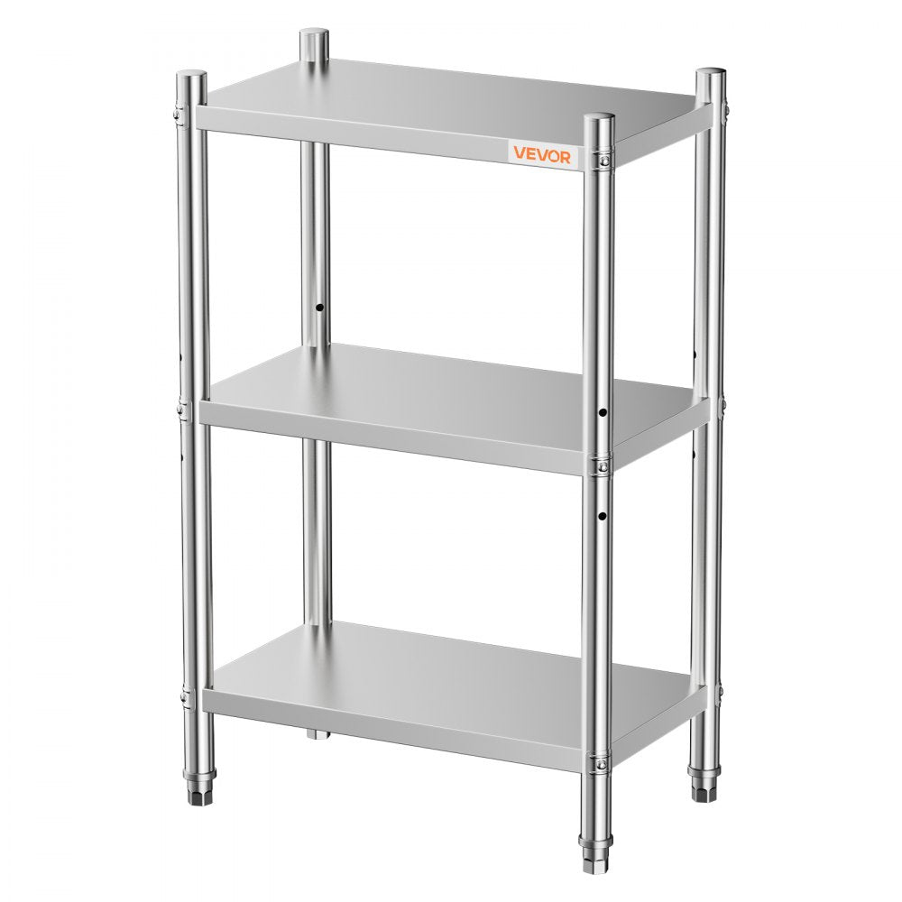 VEVOR Stainless Steel Shelving 3-Tier 23.6 x 13.8 x 35.5 in Storage Rack, for Kitchen Pantry Garage, 300 lb Per Shelf Heavy-Duty Freestanding Organizer with 3-Level Adjustable Shelves, Leveling Feet