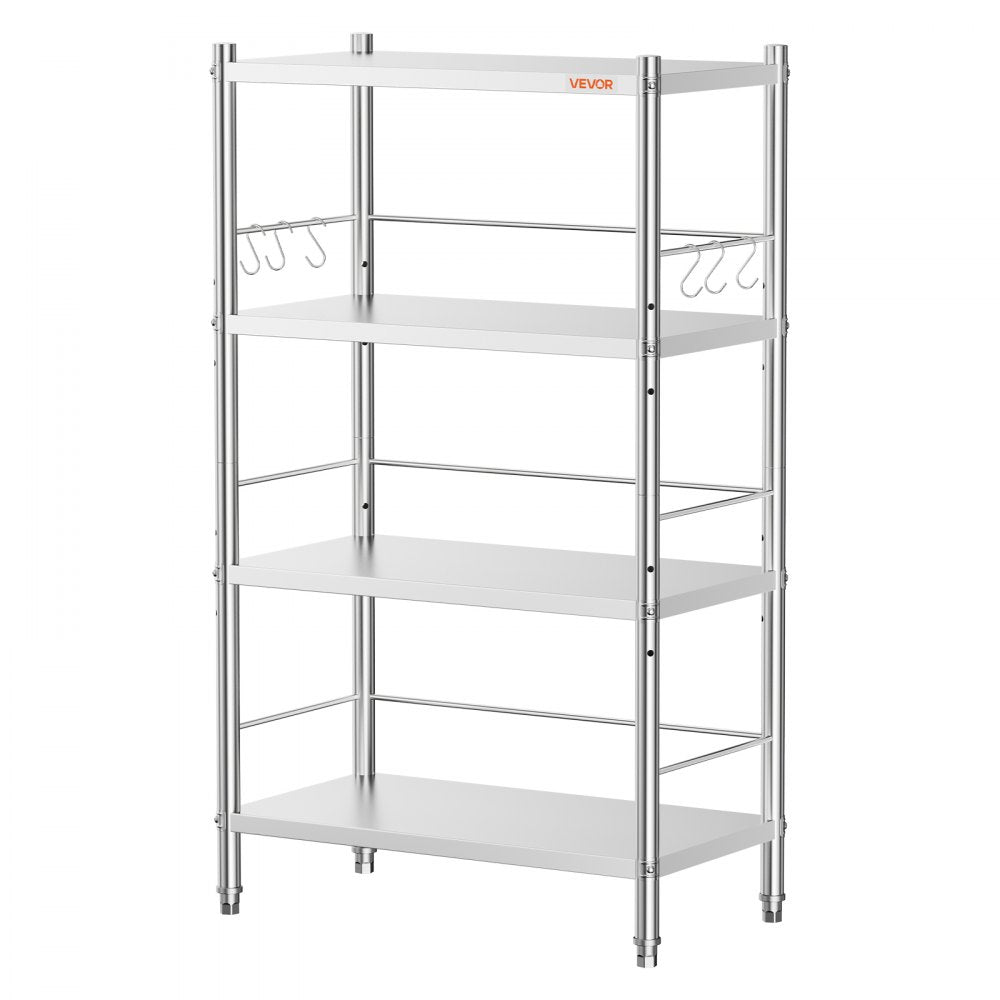 VEVOR Stainless Steel Shelving 4-Tier 23.6 x 13.9 x 51.4 in Storage Rack, for Kitchen Pantry Garage, 300 lb Per Shelf Heavy-Duty Organizer with 3-Level Adjustable Shelves, 6 Hooks, Leveling Feet