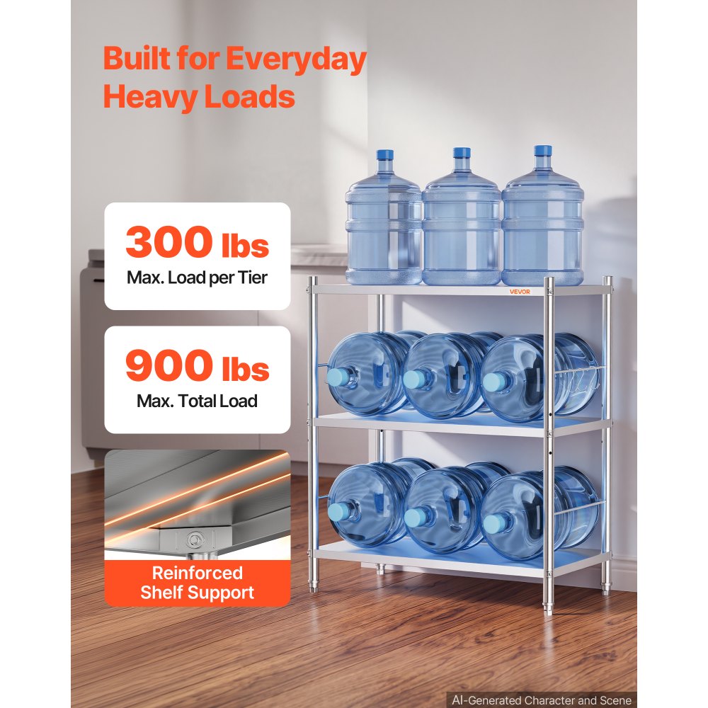 VEVOR Stainless Steel Shelving 3-Tier 31.5 x 15.8 x 35.4 in Storage Rack, for Kitchen Pantry Garage, 300 lb Per Shelf Heavy-Duty Organizer with 3-Level Adjustable Shelves, 6 Hooks, Leveling Feet