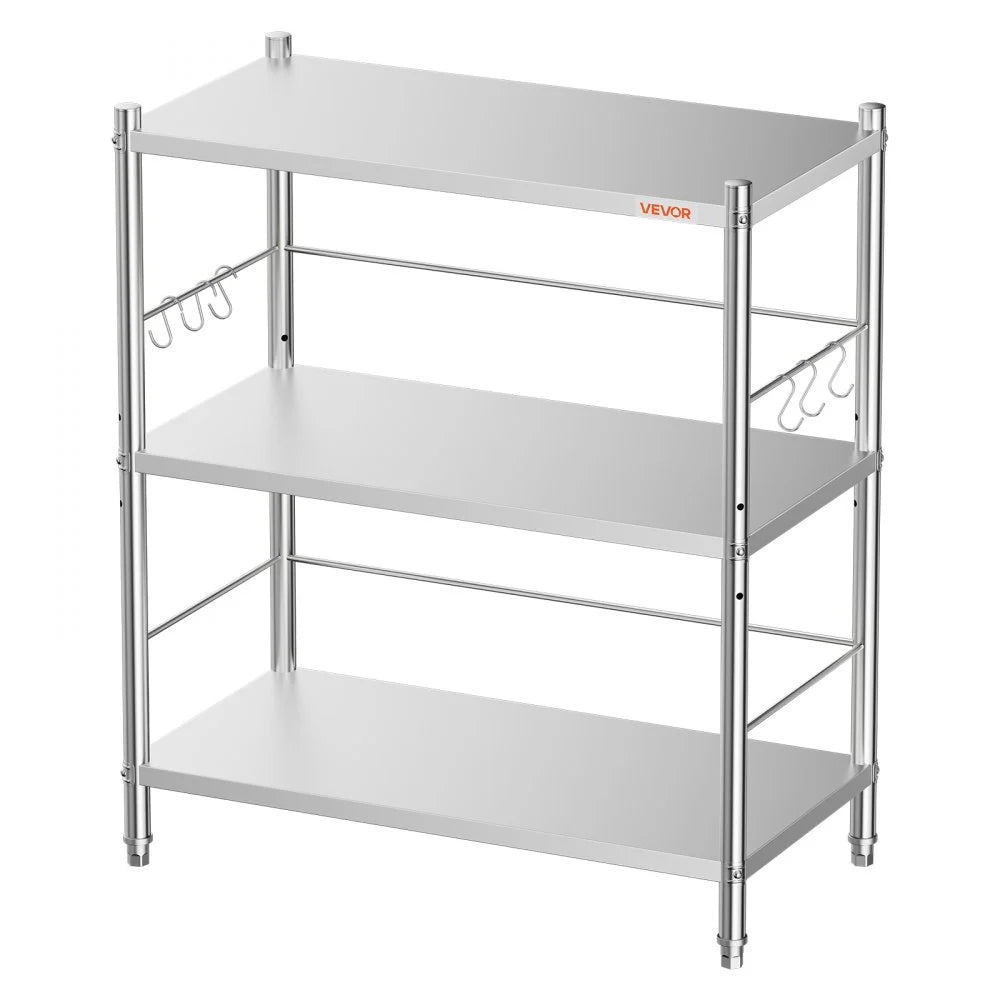 VEVOR Stainless Steel Shelving 3-Tier 31.5 x 15.8 x 35.4 in Storage Rack, for Kitchen Pantry Garage, 300 lb Per Shelf Heavy-Duty Organizer with 3-Level Adjustable Shelves, 6 Hooks, Leveling Feet