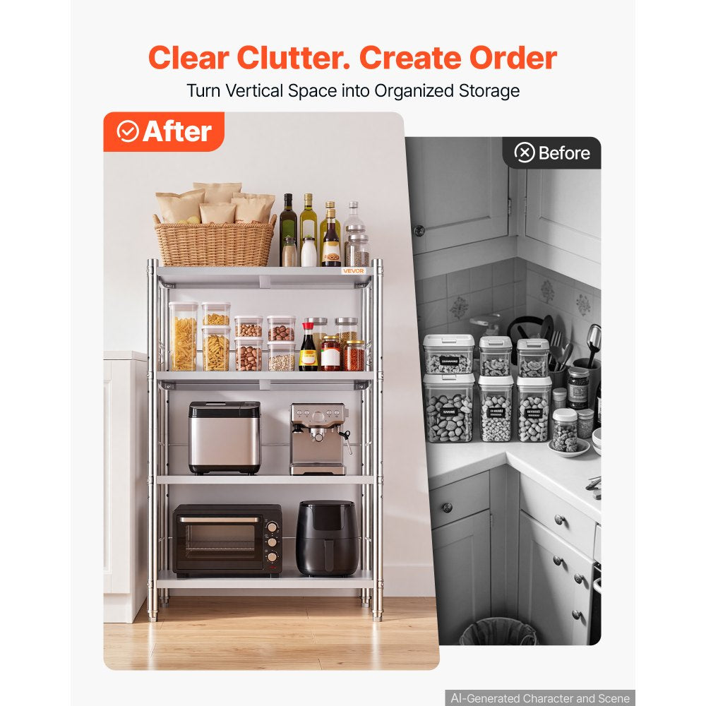 VEVOR Stainless Steel Shelving 4-Tier 31.6 x 15.9 x 51.2 in Storage Rack, for Kitchen Pantry Garage, 300 lb Per Shelf Heavy-Duty Organizer with 3-Level Adjustable Shelves, 6 Hooks, Leveling Feet