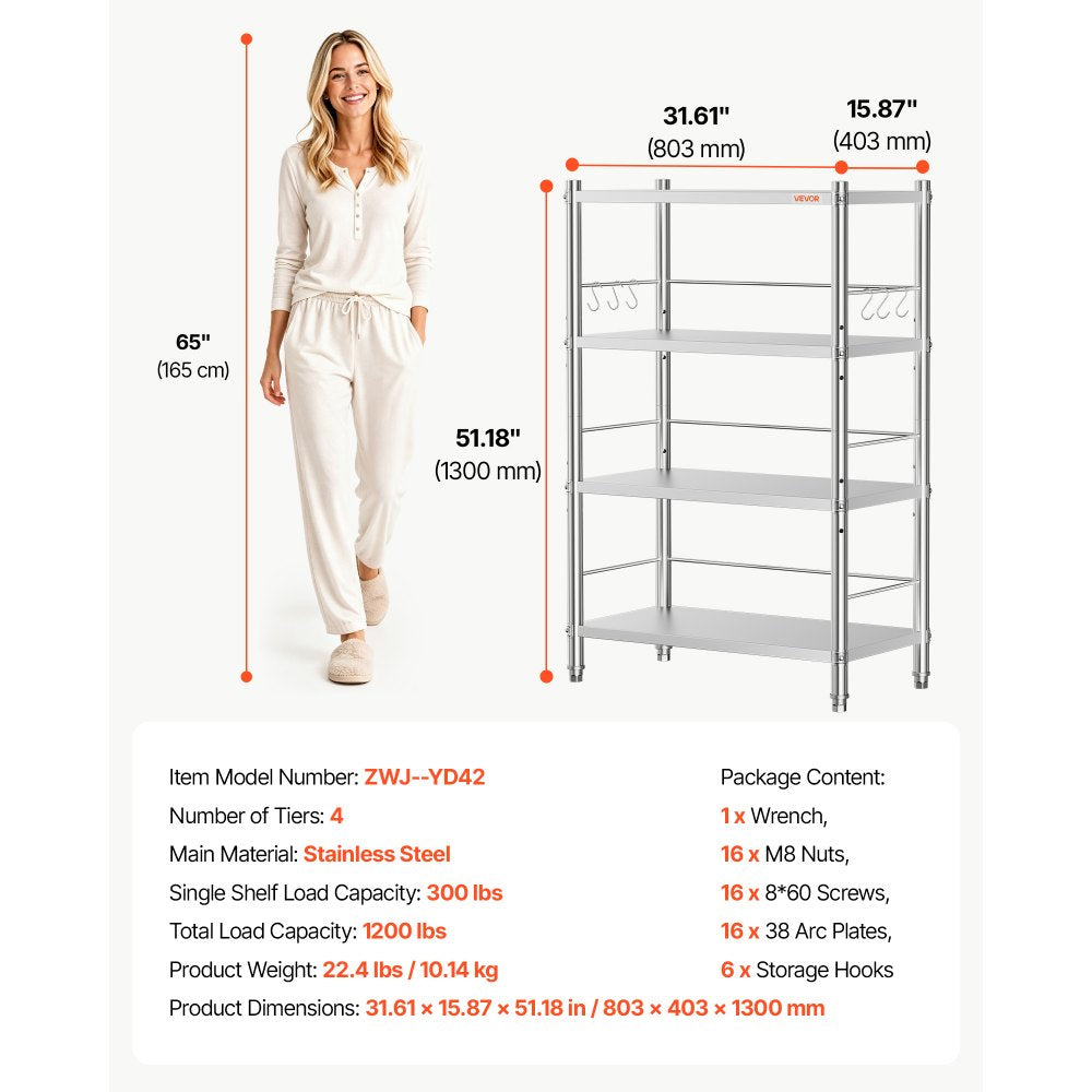 VEVOR Stainless Steel Shelving 4-Tier 31.6 x 15.9 x 51.2 in Storage Rack, for Kitchen Pantry Garage, 300 lb Per Shelf Heavy-Duty Organizer with 3-Level Adjustable Shelves, 6 Hooks, Leveling Feet