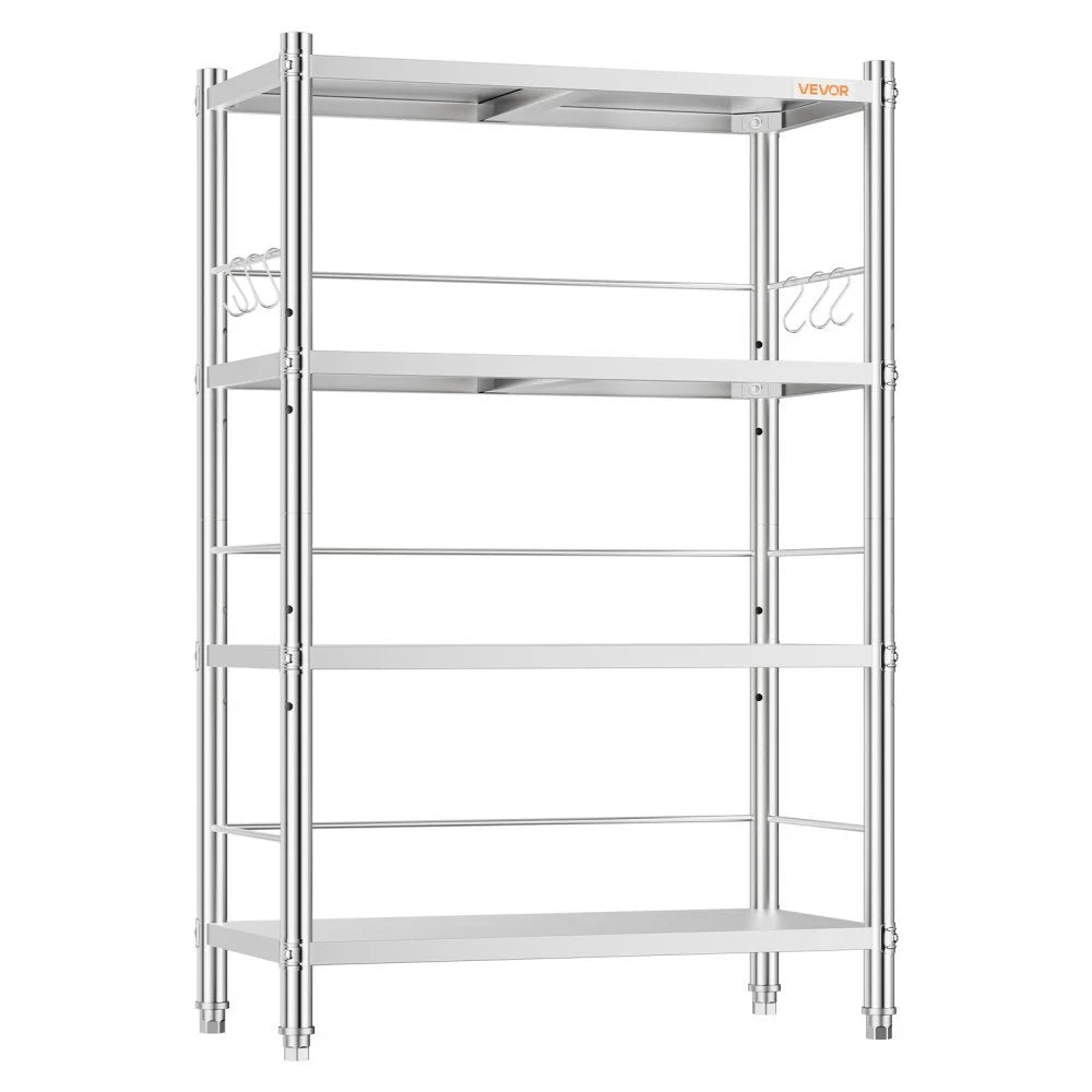 VEVOR Stainless Steel Shelving 4-Tier 31.6 x 15.9 x 51.2 in Storage Rack, for Kitchen Pantry Garage, 300 lb Per Shelf Heavy-Duty Organizer with 3-Level Adjustable Shelves, 6 Hooks, Leveling Feet