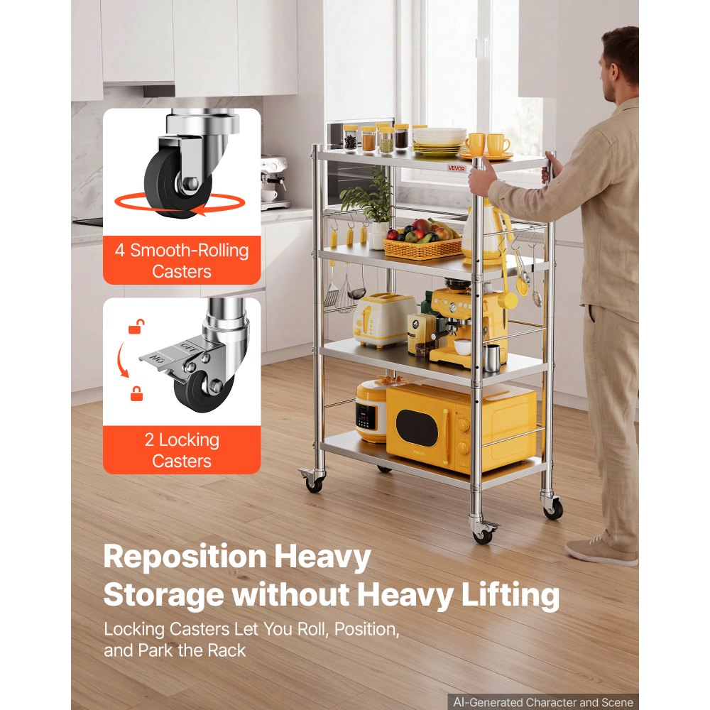 VEVOR Stainless Steel Shelving 4-Tier 31.5 x 15.8 x 53.7 in Storage Rack, for Kitchen Pantry Garage, 300 lb Per Shelf Heavy-Duty Freestanding Organizer with Wheels, 3-Level Adjustable Shelves, 6 Hook