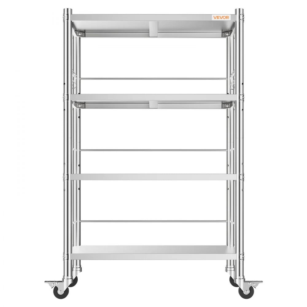 VEVOR Stainless Steel Shelving 4-Tier 31.5 x 15.8 x 53.7 in Storage Rack, for Kitchen Pantry Garage, 300 lb Per Shelf Heavy-Duty Freestanding Organizer with Wheels, 3-Level Adjustable Shelves, 6 Hook