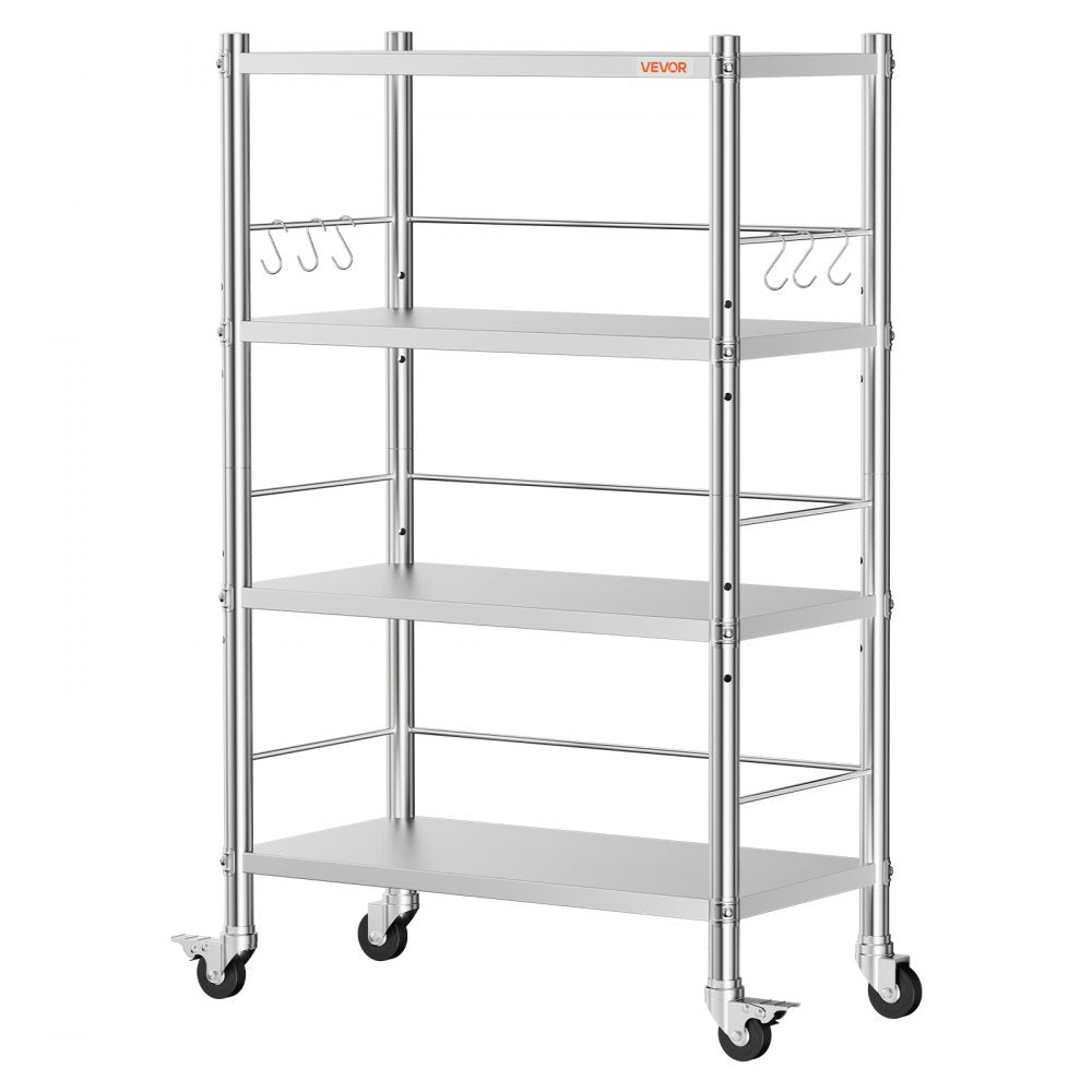 VEVOR Stainless Steel Shelving 4-Tier 31.5 x 15.8 x 53.7 in Storage Rack, for Kitchen Pantry Garage, 300 lb Per Shelf Heavy-Duty Freestanding Organizer with Wheels, 3-Level Adjustable Shelves, 6 Hook