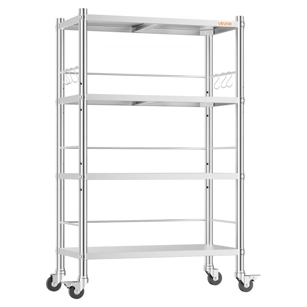 VEVOR Stainless Steel Shelving 4-Tier 31.5 x 15.8 x 53.7 in Storage Rack, for Kitchen Pantry Garage, 300 lb Per Shelf Heavy-Duty Freestanding Organizer with Wheels, 3-Level Adjustable Shelves, 6 Hook