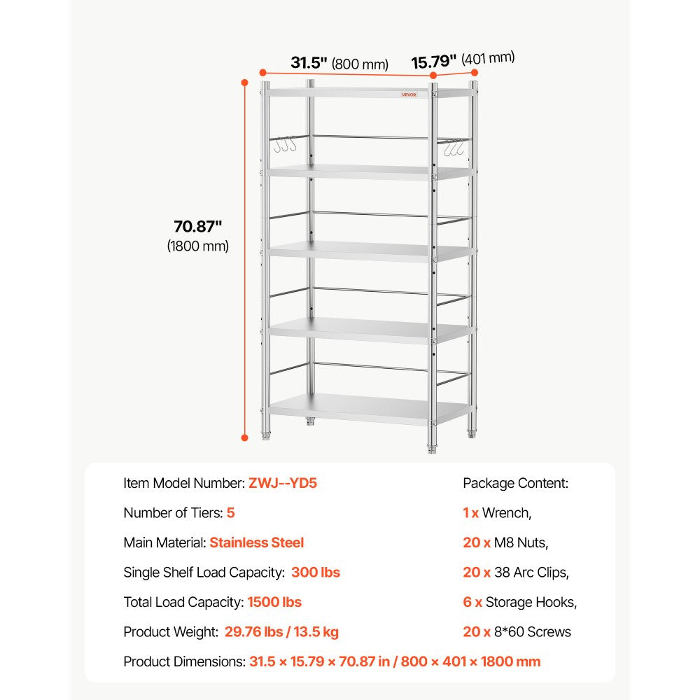 VEVOR Stainless Steel Shelving 5-Tier 31.5 x 15.8 x 70.9 in Storage Rack, for Kitchen Pantry Garage, 1500 lb Total Capacity Heavy-Duty Organizer with 3-Level Adjustable Shelves, 6 Hook, Leveling Feet