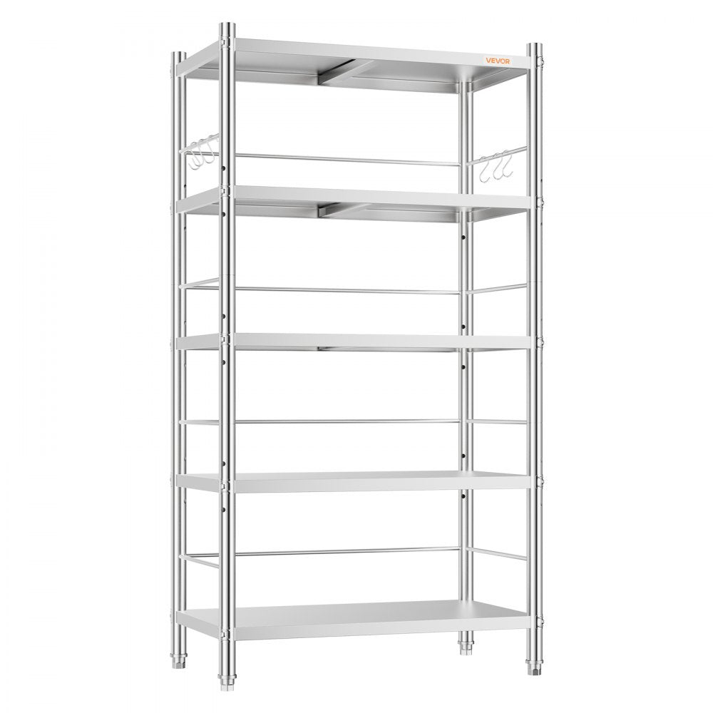 VEVOR Stainless Steel Shelving 5-Tier 31.5 x 15.8 x 70.9 in Storage Rack, for Kitchen Pantry Garage, 1500 lb Total Capacity Heavy-Duty Organizer with 3-Level Adjustable Shelves, 6 Hook, Leveling Feet