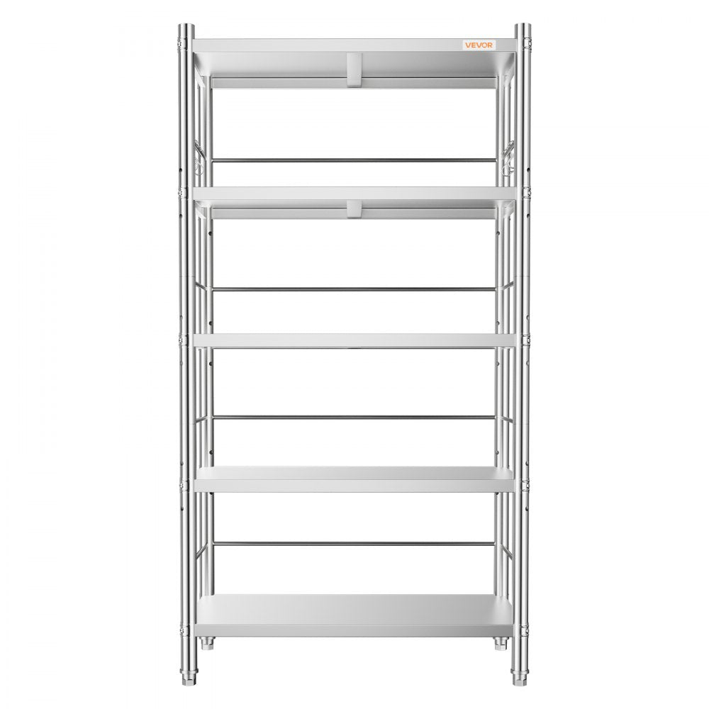 VEVOR Stainless Steel Shelving 5-Tier 31.5 x 15.8 x 70.9 in Storage Rack, for Kitchen Pantry Garage, 1500 lb Total Capacity Heavy-Duty Organizer with 3-Level Adjustable Shelves, 6 Hook, Leveling Feet