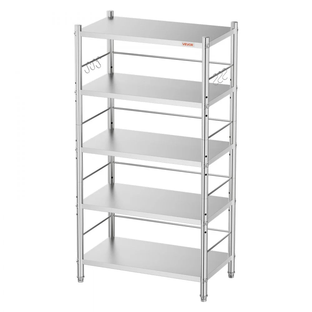 VEVOR Stainless Steel Shelving 5-Tier 31.5 x 15.8 x 70.9 in Storage Rack, for Kitchen Pantry Garage, 1500 lb Total Capacity Heavy-Duty Organizer with 3-Level Adjustable Shelves, 6 Hook, Leveling Feet