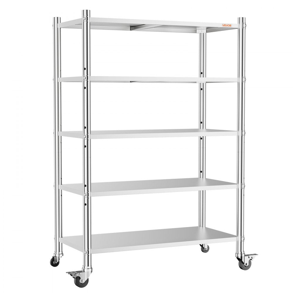 VEVOR Stainless Steel Shelving 5-Tier 47.2 x 17.7 x 73.7 in Storage Rack, for Kitchen Pantry Garage, 1200 lb Total Capacity Heavy-Duty Freestanding Organizer with Wheels, 3-Level Adjustable Shelves