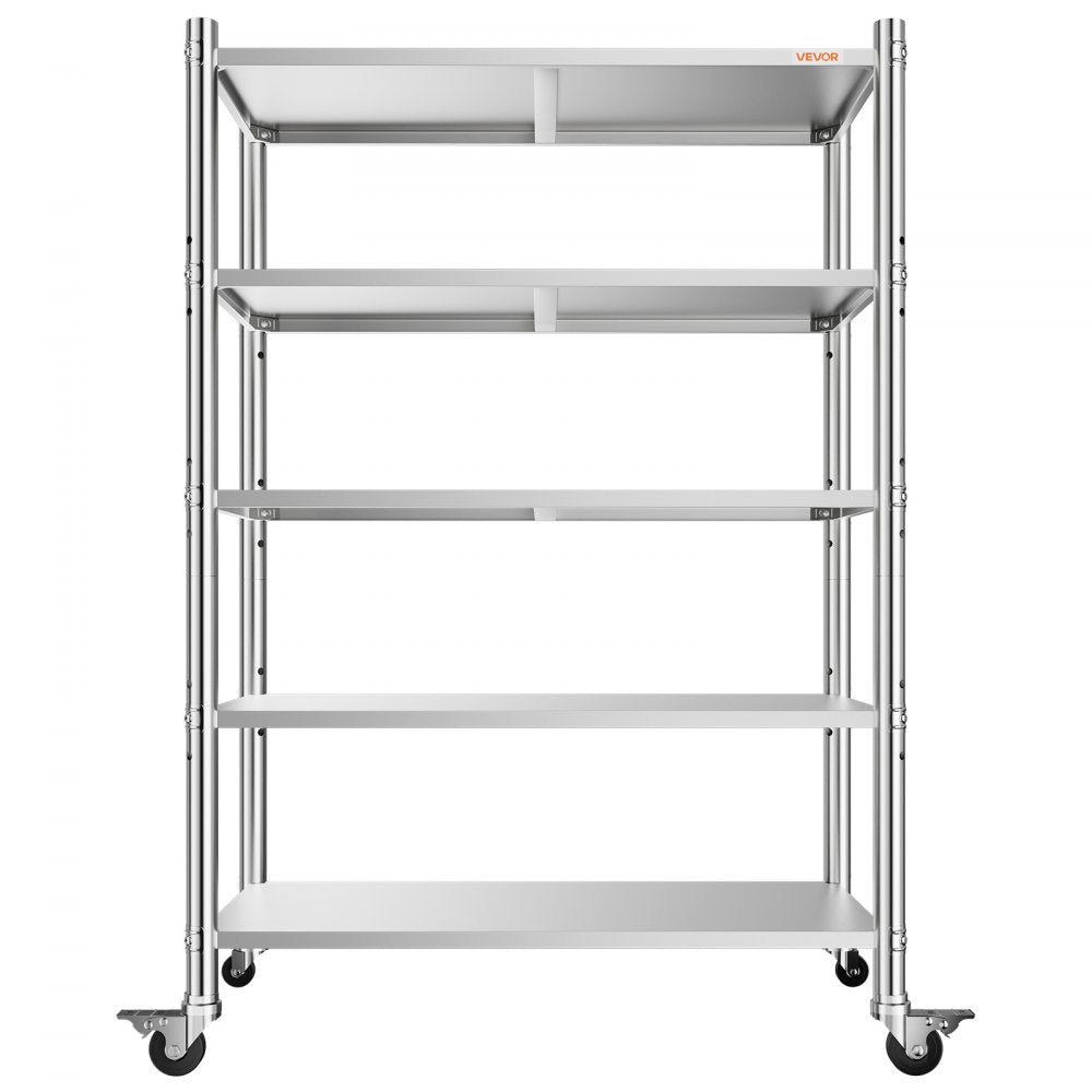 VEVOR Stainless Steel Shelving 5-Tier 47.2 x 17.7 x 73.7 in Storage Rack, for Kitchen Pantry Garage, 1200 lb Total Capacity Heavy-Duty Freestanding Organizer with Wheels, 3-Level Adjustable Shelves