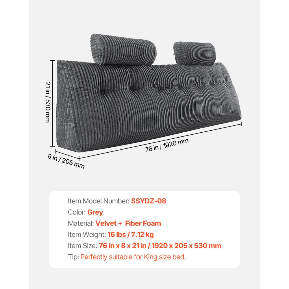 VEVOR Headboard Pillow, King Size Wedge Headboard Pillow with 2 Side Pockets and 2 Headrests, Bed Wedge Pillow with Washable Flannel Cloth, for Reading, Gaming, Resting, Working in Bed, Grey