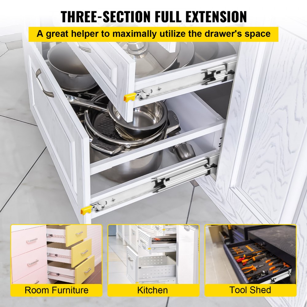 VEVOR Heavy Duty Drawer Slides 2PCS Drawer Slides 24\" Locking Drawer Slides 250LBS Capacity Heavy Duty Slides Three Section Full Extension Drawer Slide Cold-Rolled Steel Industrial Drawer Slides