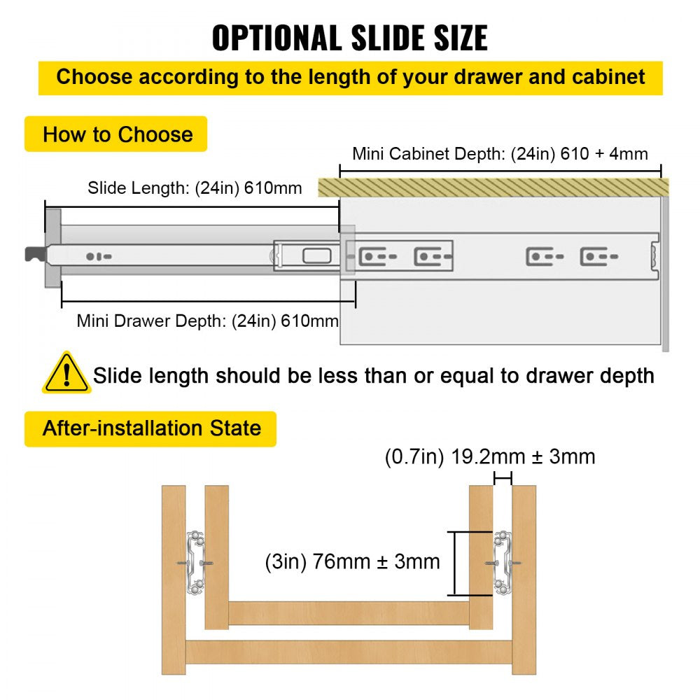 VEVOR Heavy Duty Drawer Slides 2PCS Drawer Slides 24\" Locking Drawer Slides 250LBS Capacity Heavy Duty Slides Three Section Full Extension Drawer Slide Cold-Rolled Steel Industrial Drawer Slides