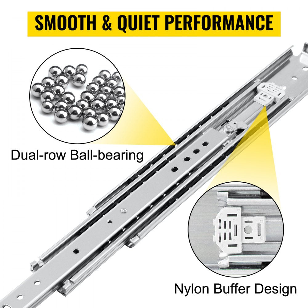 VEVOR Heavy Duty Drawer Slides 36\" Length, Locking Drawer Slides 500lbs Load Capacity Long Full Extension Drawer Slide 1 Pair Side Mount Ball Bearing Drawer Glides Push to Open Drawer Runners Rail