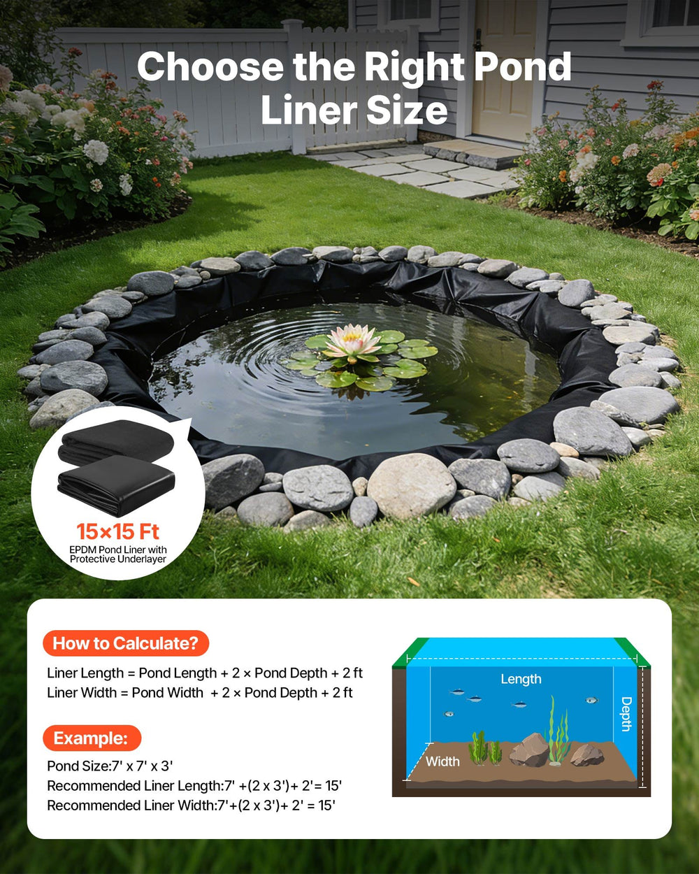 VEVOR Pond Liner 15 x 15 ft, 45 Mil, EPDM Rubber Fish Koi Pond Liner and Underlayment Combo, Easy to Cut, Durable & Leakproof, for Outdoor Ponds, Water Garden, Waterfall, Fishpond, Fountains, Black
