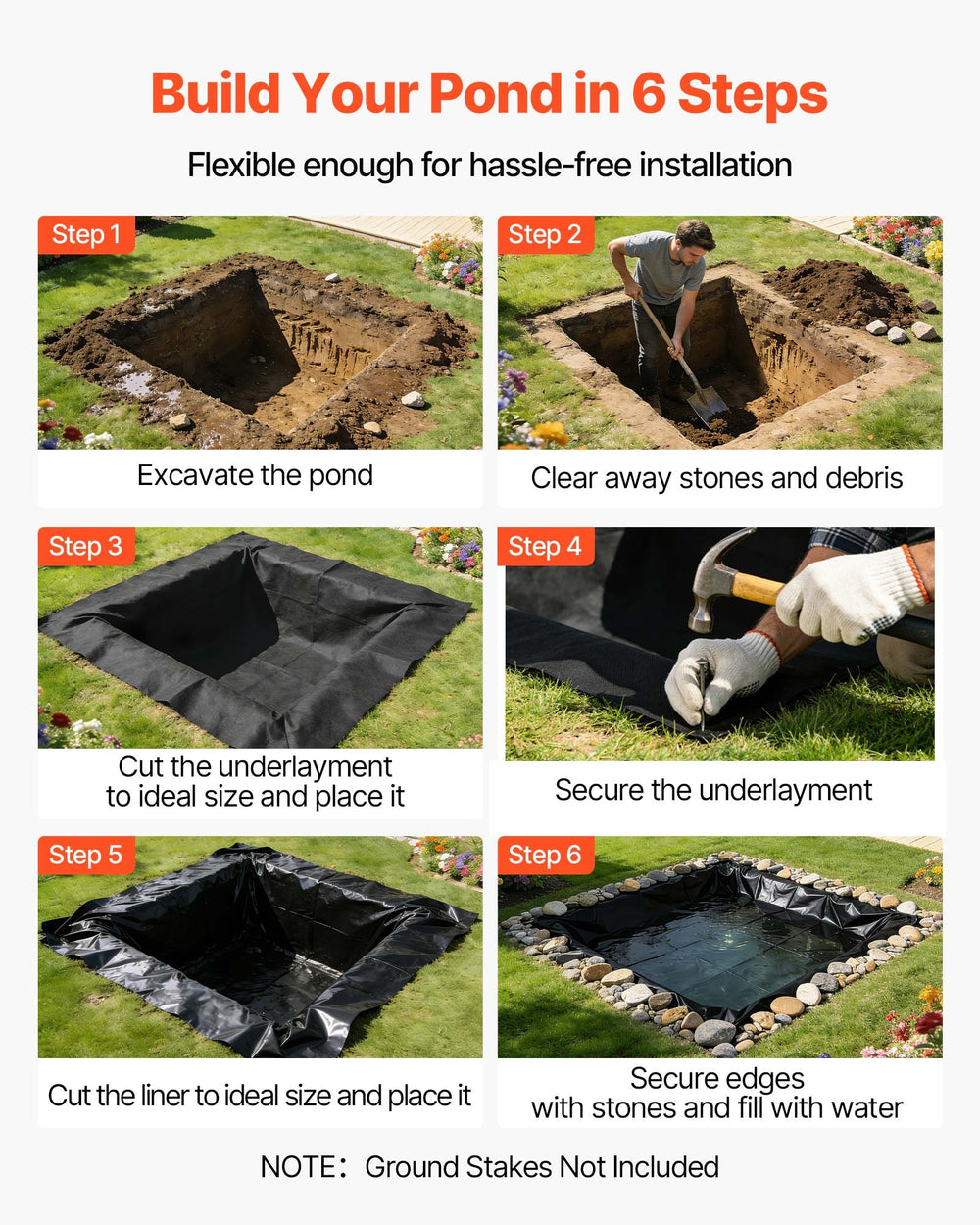 VEVOR Pond Liner 15 x 15 ft, 45 Mil, EPDM Rubber Fish Koi Pond Liner and Underlayment Combo, Easy to Cut, Durable & Leakproof, for Outdoor Ponds, Water Garden, Waterfall, Fishpond, Fountains, Black