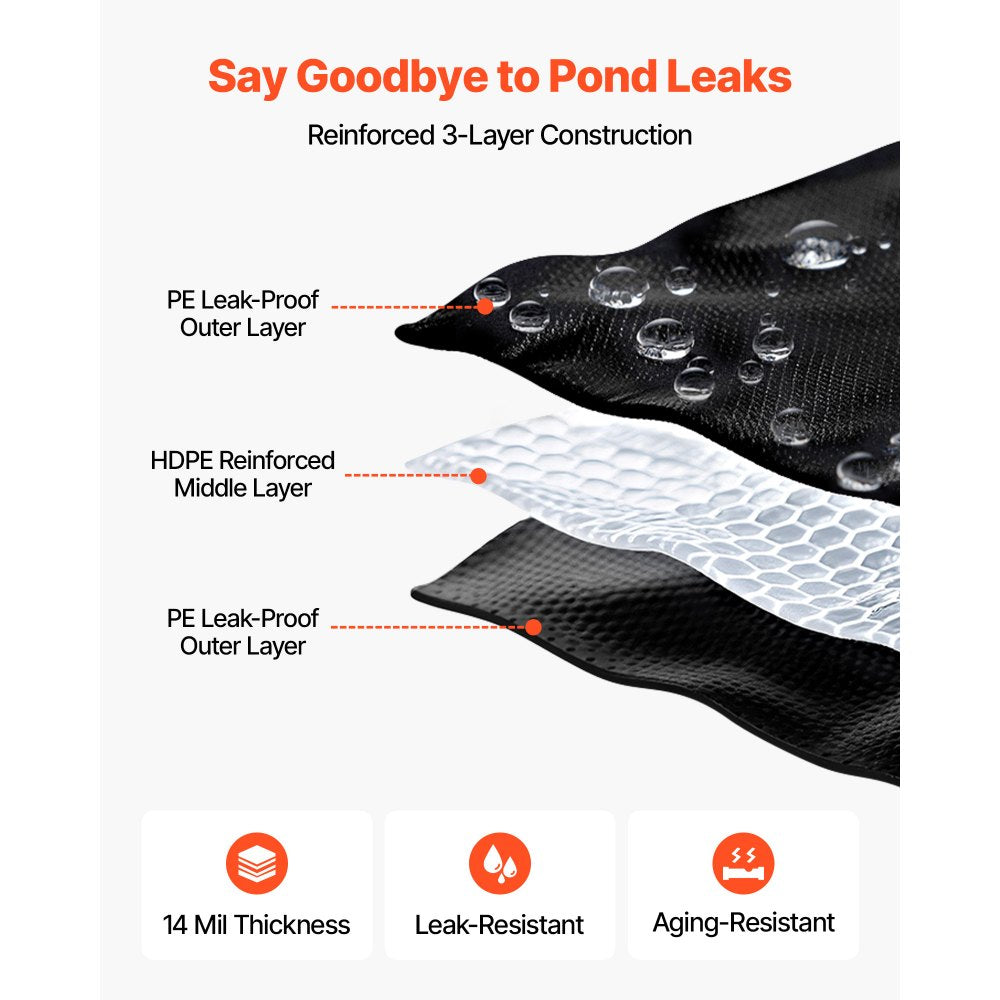 VEVOR 15 x 20 ft Pond Liner, 14 Mil Thickness, 3-Layer Reinforced PE Fish Koi Pond Liner for Outdoor Ponds, with Hemmed Edge and 4 Metal Buttonholes, for Water Garden, Waterfall, and Fountains, Black